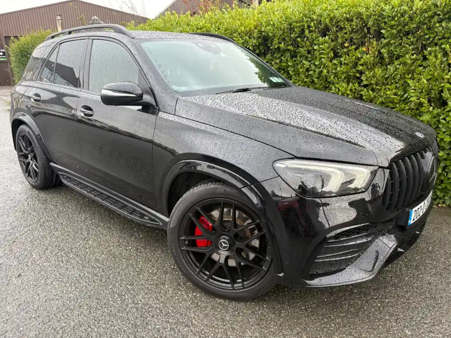 Black Mercedes GLE AMG Line with red brake calipers, front three-quarter view, at RS Motors, Clonakilty